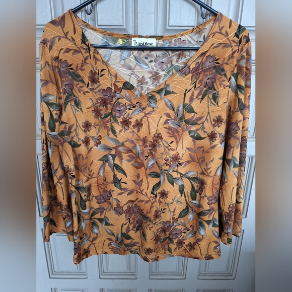Carol Rose SzL Floral V-Neck Top - Pretty Mustard and Brown 3/4 Sleeves Stretchy - Picture 1 of 7